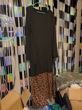 Black Long Sleeve Dress with Leopard Hem